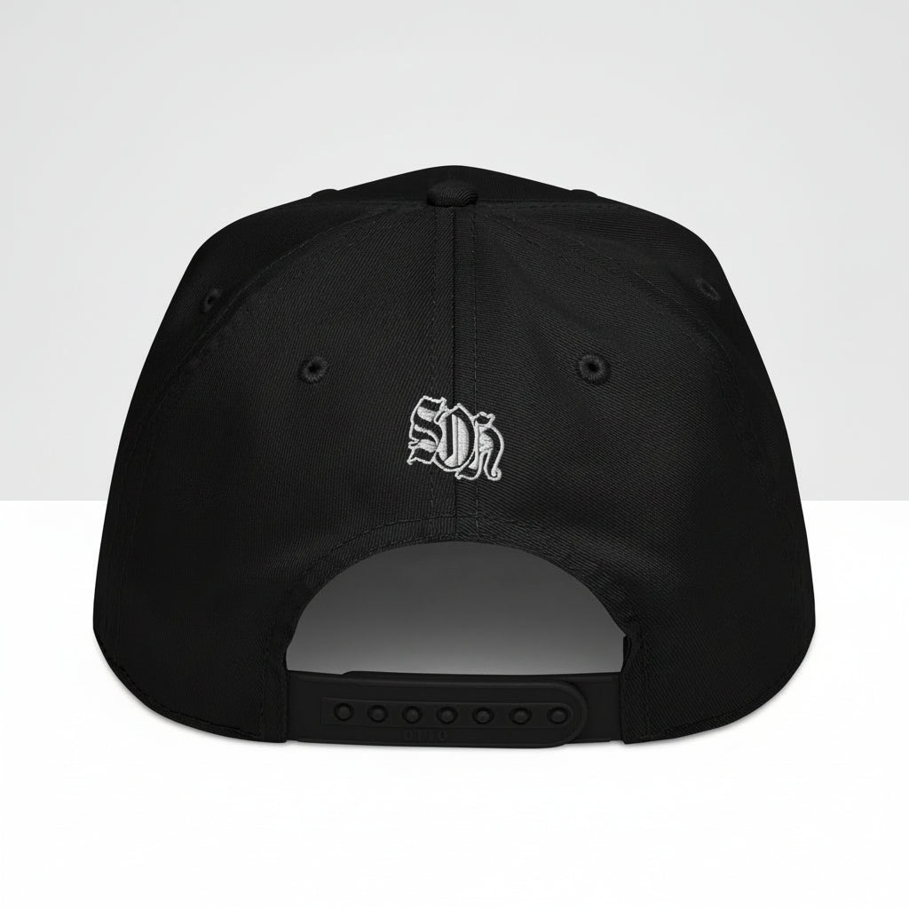 Black cap with a white logo on the back against a white background