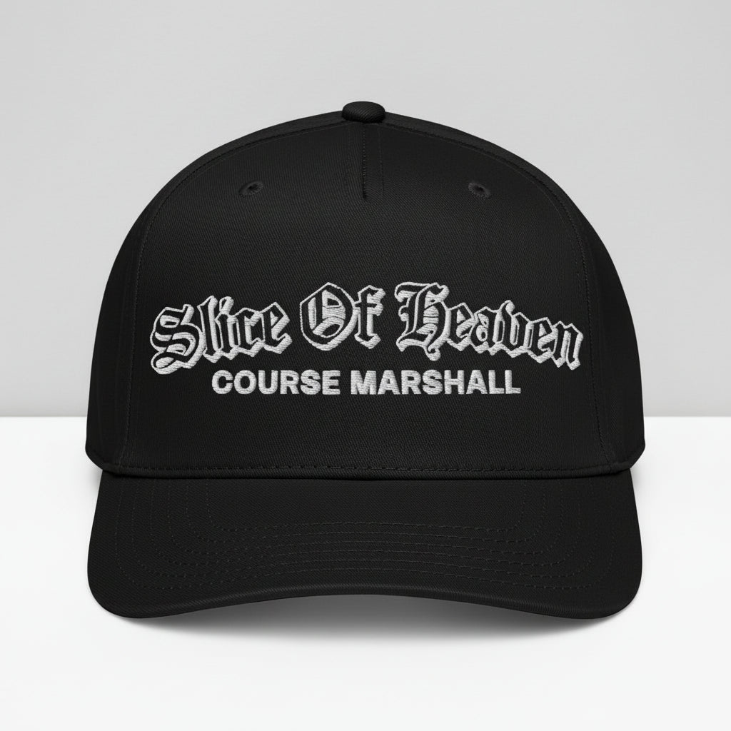 Black cap with white text on a white background