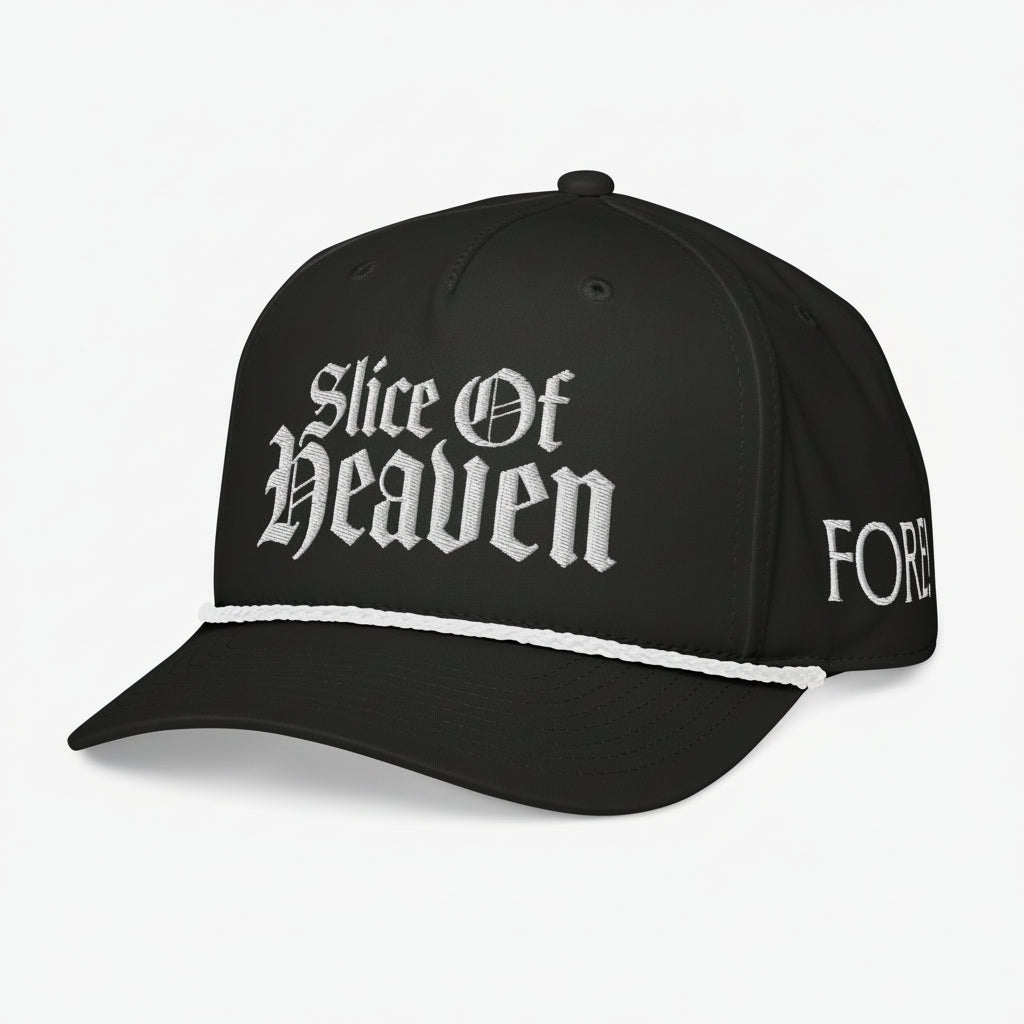 Black cap with 'Slice of Heaven' text on a white background